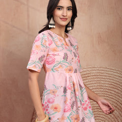 Stylish Pink Cotton Printed Top with Notch Neck