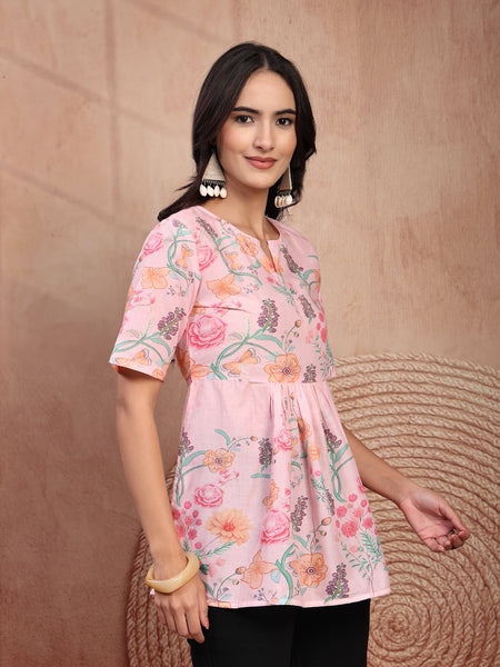 Stylish Pink Cotton Printed Top with Notch Neck