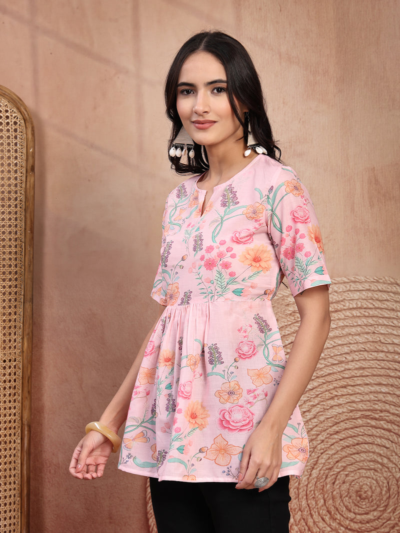 Stylish Pink Cotton Printed Top with Notch Neck