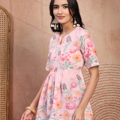 Stylish Pink Cotton Printed Top with Notch Neck
