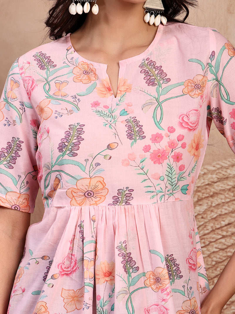 Stylish Pink Cotton Printed Top with Notch Neck