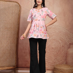 Stylish Pink Cotton Printed Top with Notch Neck