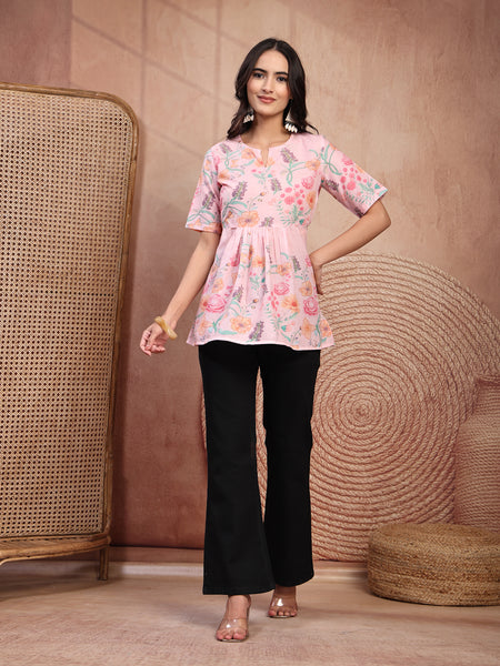 Stylish Pink Cotton Printed Top with Notch Neck