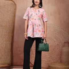 Stylish Pink Cotton Printed Top with Notch Neck