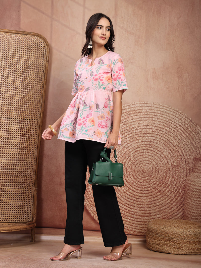 Stylish Pink Cotton Printed Top with Notch Neck
