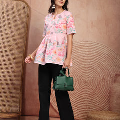Stylish Pink Cotton Printed Top with Notch Neck