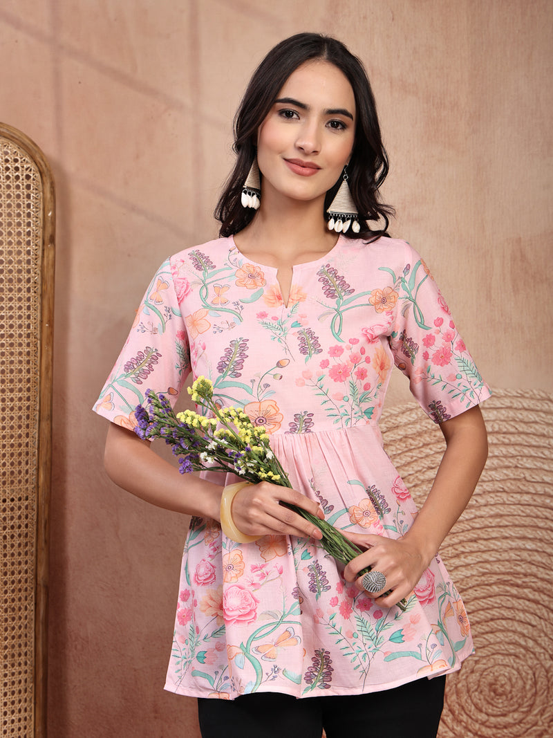 Stylish Pink Cotton Printed Top with Notch Neck