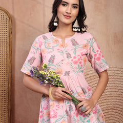 Stylish Pink Cotton Printed Top with Notch Neck