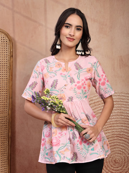 Stylish Pink Cotton Printed Top with Notch Neck