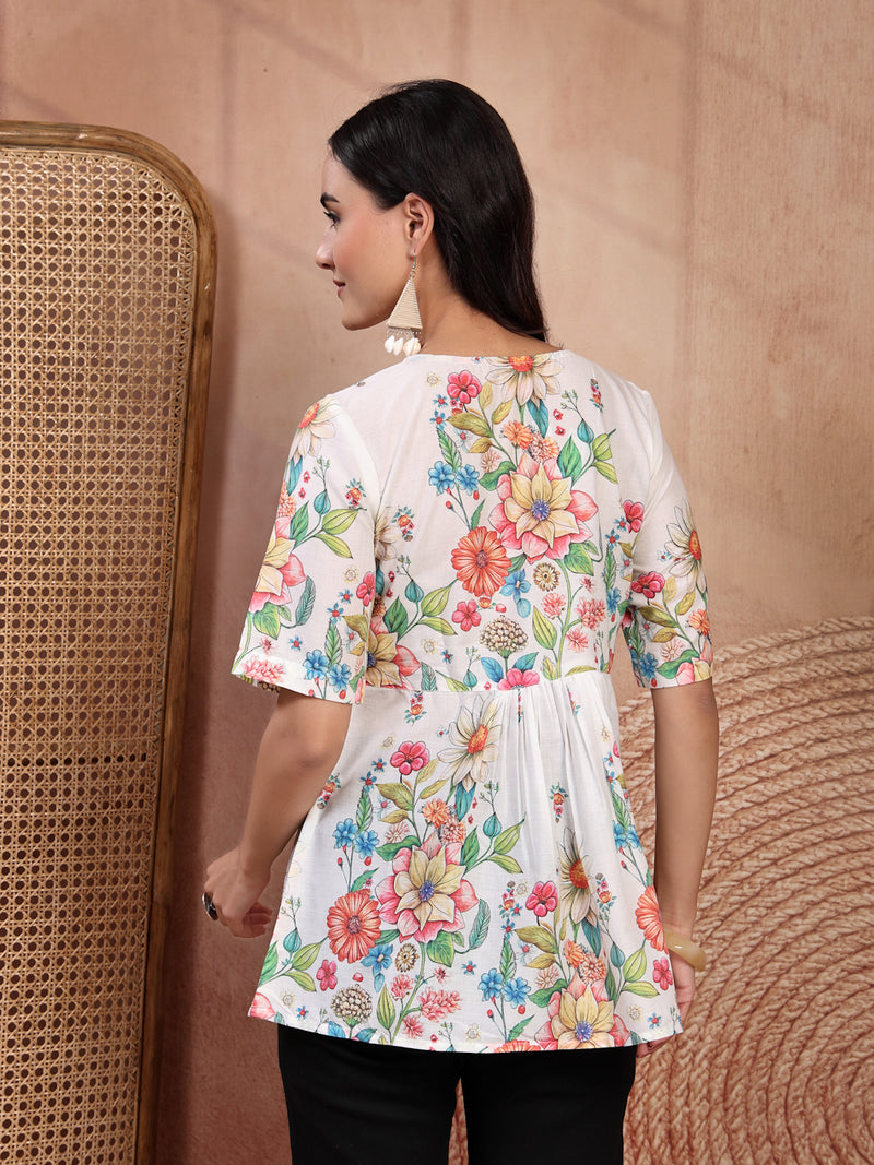 Chic White Cotton Printed Top with Notch Neck