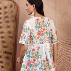 Chic White Cotton Printed Top with Notch Neck