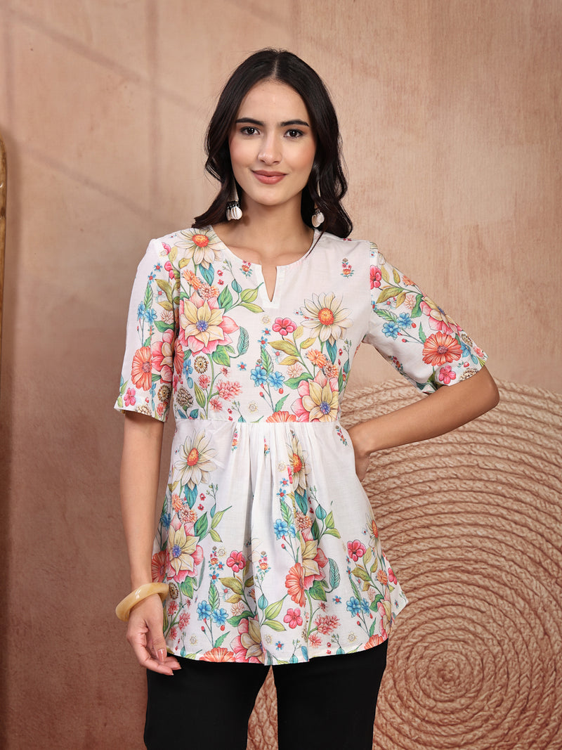 Chic White Cotton Printed Top with Notch Neck