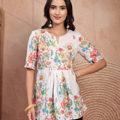 Chic White Cotton Printed Top with Notch Neck