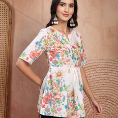Chic White Cotton Printed Top with Notch Neck