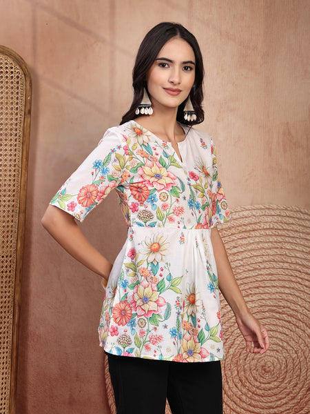Chic White Cotton Printed Top with Notch Neck