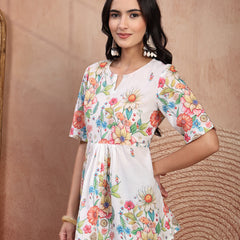 Chic White Cotton Printed Top with Notch Neck