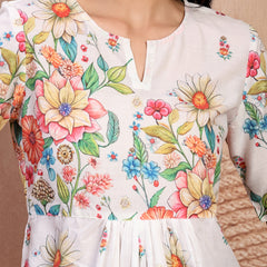 Chic White Cotton Printed Top with Notch Neck