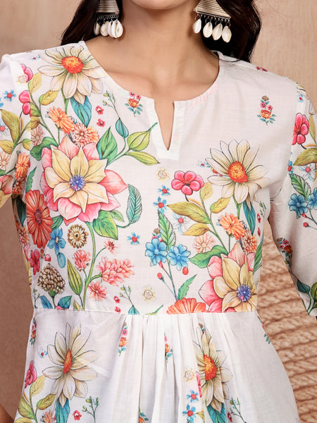 Chic White Cotton Printed Top with Notch Neck