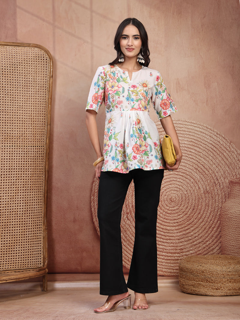 Chic White Cotton Printed Top with Notch Neck
