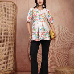 Chic White Cotton Printed Top with Notch Neck