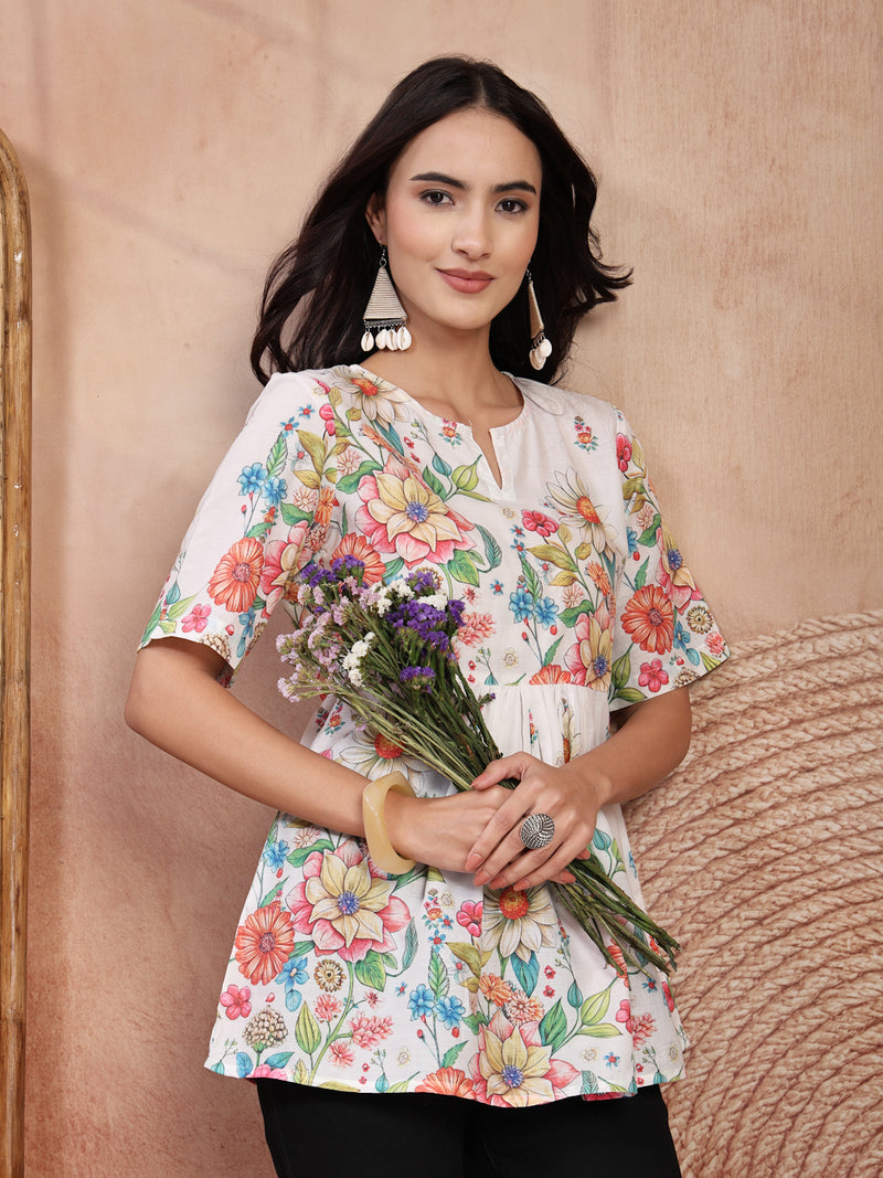 Chic White Cotton Printed Top with Notch Neck