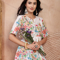 Chic White Cotton Printed Top with Notch Neck