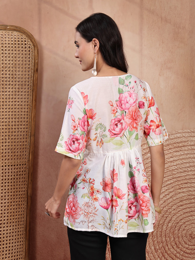 Elegant White Cotton Printed Top with Notch Neck
