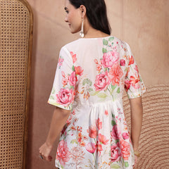 Elegant White Cotton Printed Top with Notch Neck