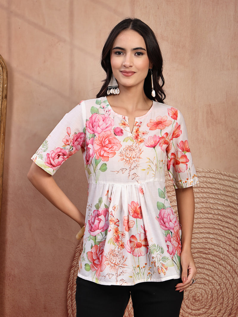 Elegant White Cotton Printed Top with Notch Neck