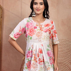 Elegant White Cotton Printed Top with Notch Neck