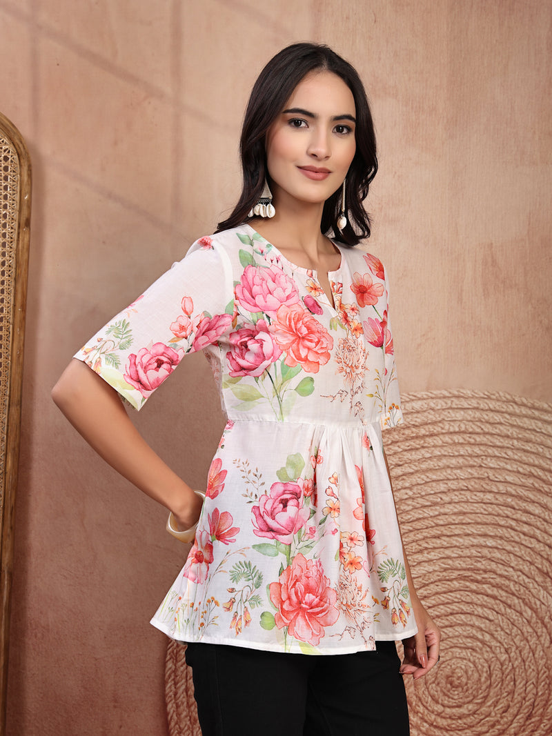 Elegant White Cotton Printed Top with Notch Neck