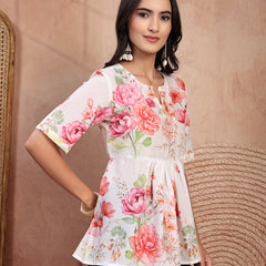 Elegant White Cotton Printed Top with Notch Neck