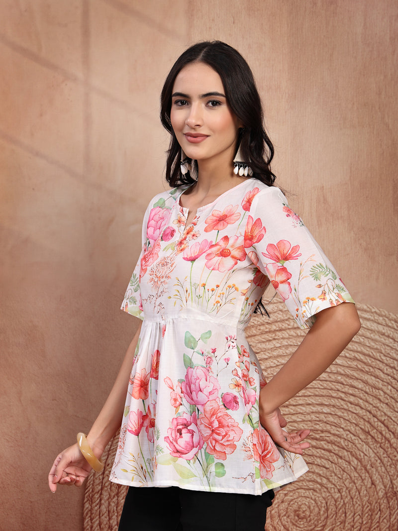 Elegant White Cotton Printed Top with Notch Neck