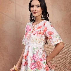 Elegant White Cotton Printed Top with Notch Neck