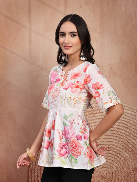 Elegant White Cotton Printed Top with Notch Neck