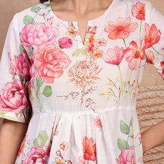 Elegant White Cotton Printed Top with Notch Neck