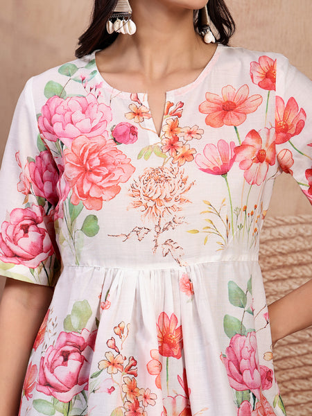 Elegant White Cotton Printed Top with Notch Neck