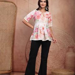 Elegant White Cotton Printed Top with Notch Neck