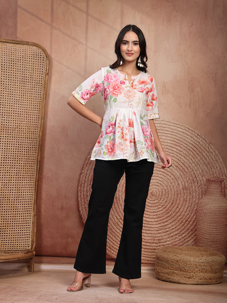 Elegant White Cotton Printed Top with Notch Neck