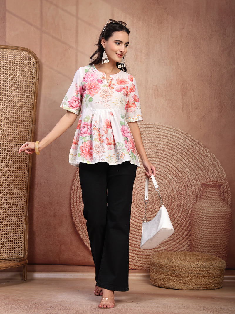 Elegant White Cotton Printed Top with Notch Neck