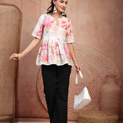 Elegant White Cotton Printed Top with Notch Neck