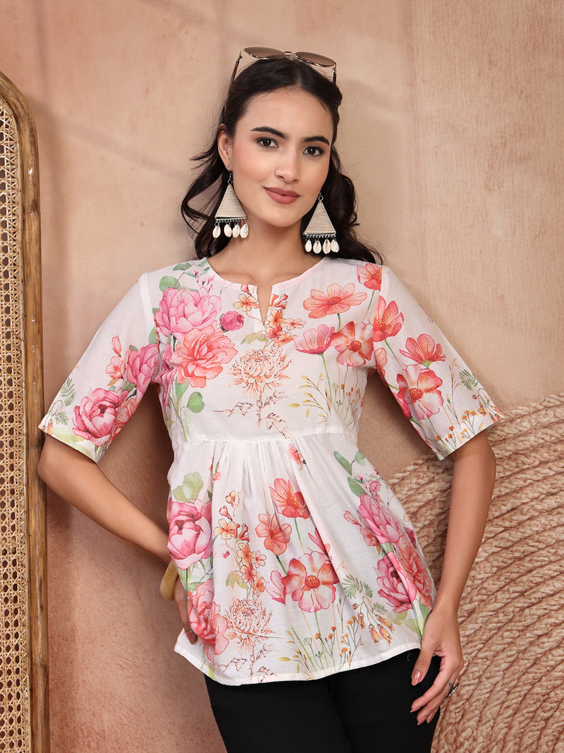 Elegant White Cotton Printed Top with Notch Neck