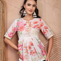 Elegant White Cotton Printed Top with Notch Neck