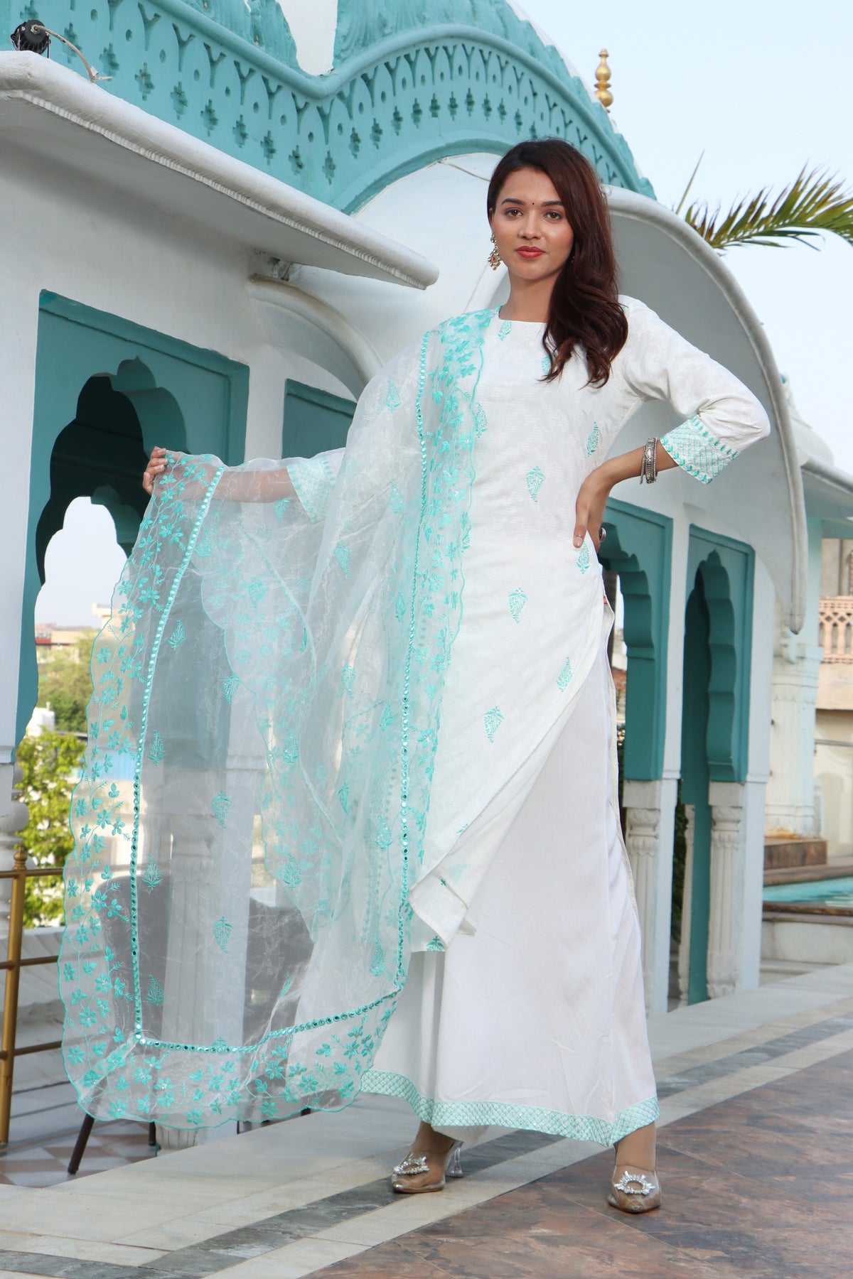 Elegant Women White Color Ethnic Motif's  Embroidery Embellished Kurta with Sharara & Embroidered Dupatta  Set