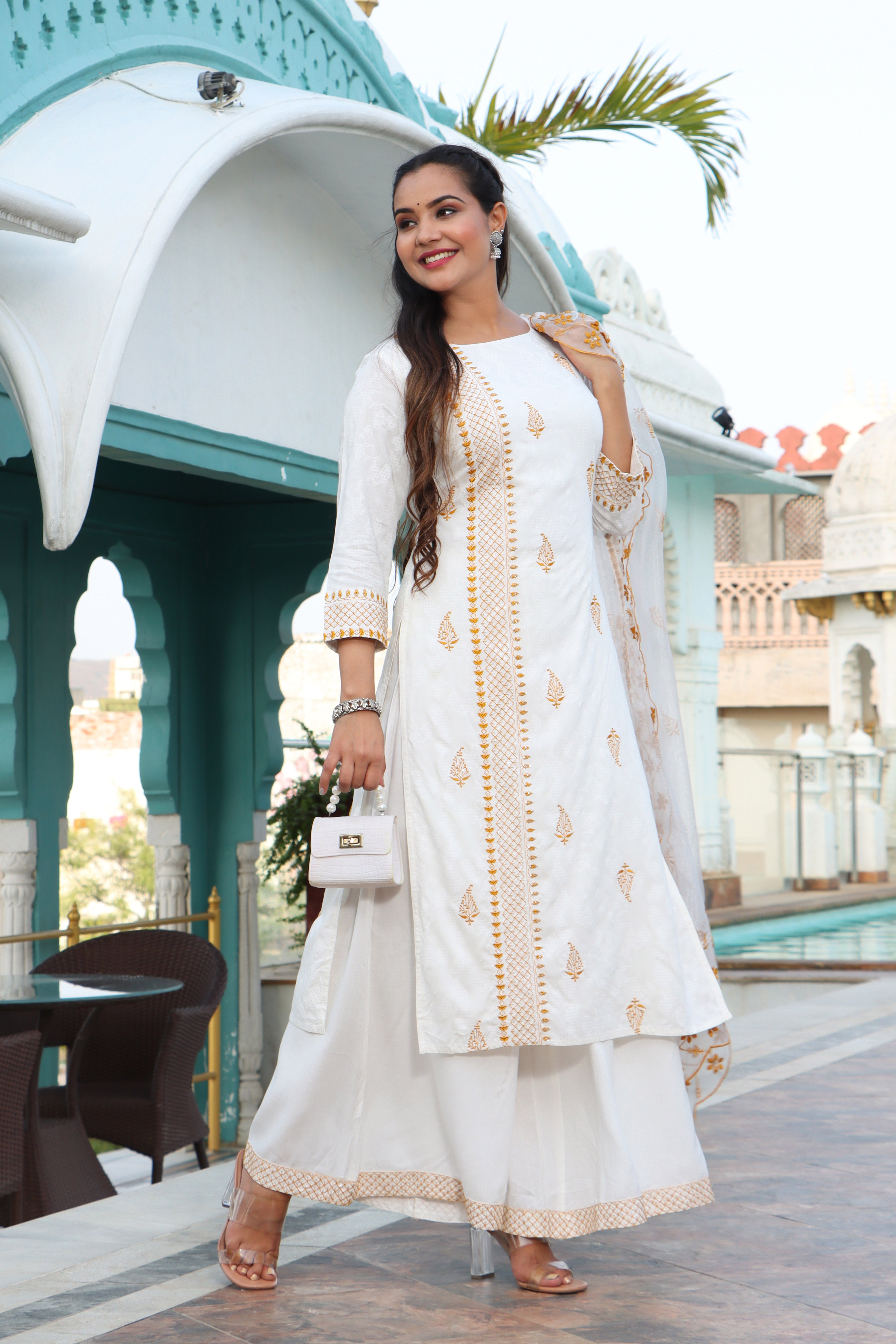 Elegant Women White Color Ethnic Motif's Embroidery Embellished Kurta with Sharara & Embroidered Dupatta  Set