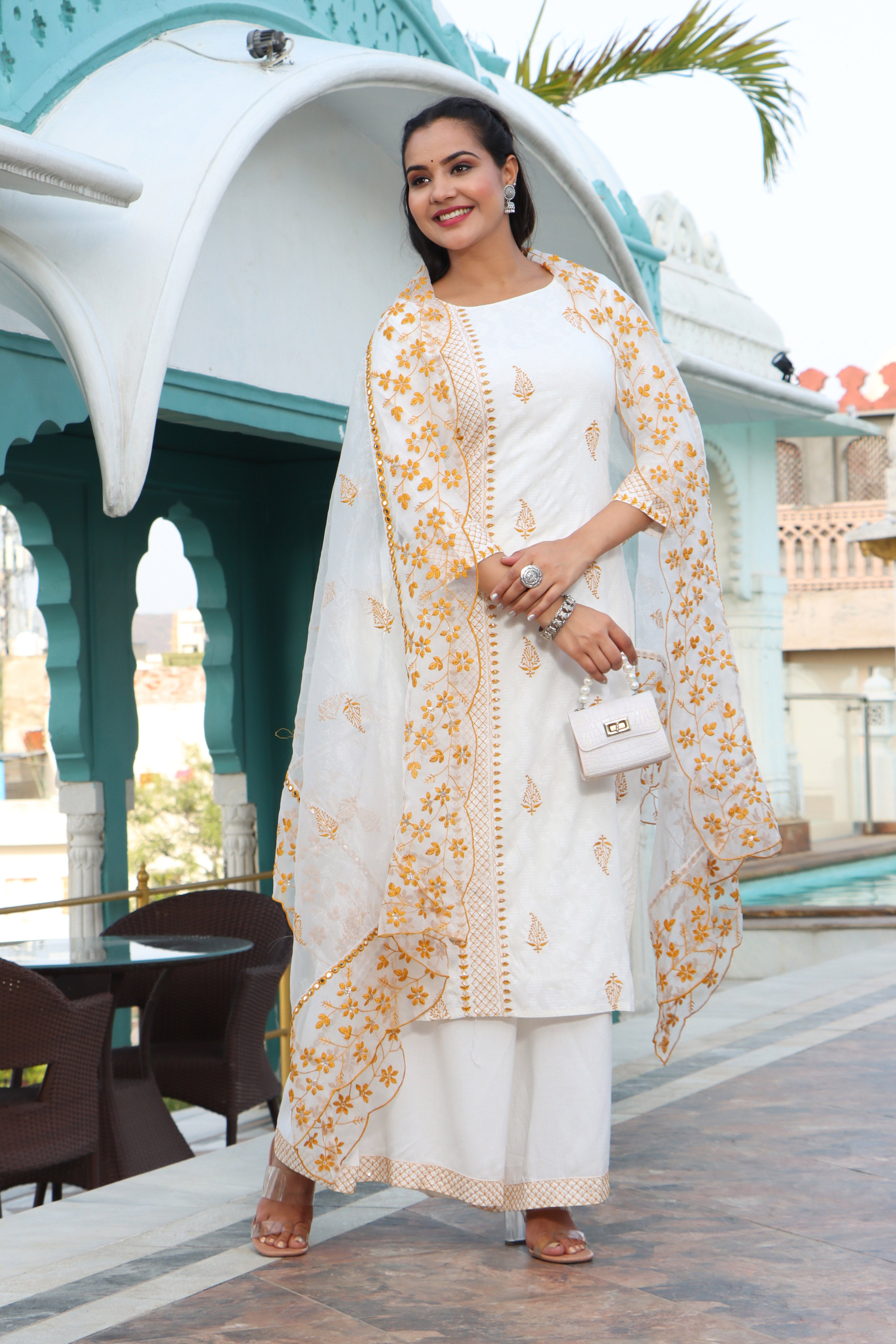 Elegant Women White Color Ethnic Motif's Embroidery Embellished Kurta with Sharara & Embroidered Dupatta  Set