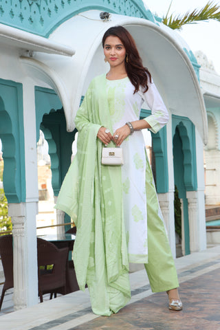 Elegant Women White Weaved Pastel Green Color Floral Motif's Embroidery Embellished Kurta with Palazoo & Dupatta  Set