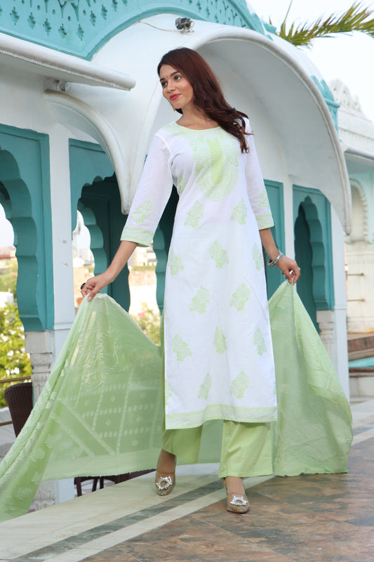 RAMA'S Elegant Women White Weaved Pastel Green Color Floral Motif's Embroidery Embellished Kurta with Palazoo & Dupatta  Set