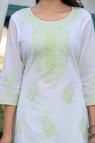 Elegant Women White Weaved Pastel Green Color Floral Motif's Embroidery Embellished Kurta with Palazoo & Dupatta  Set