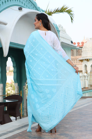 Elegant Women White Weaved Aqua Color Floral Motif's Embroidery Embellished  kurta with  Palazoo & Dupatta  Set